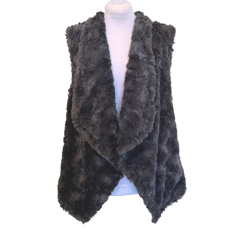 Dylan by True Grit Womens Large Charcoal Brown Faux Fur Draped Open Front Vest